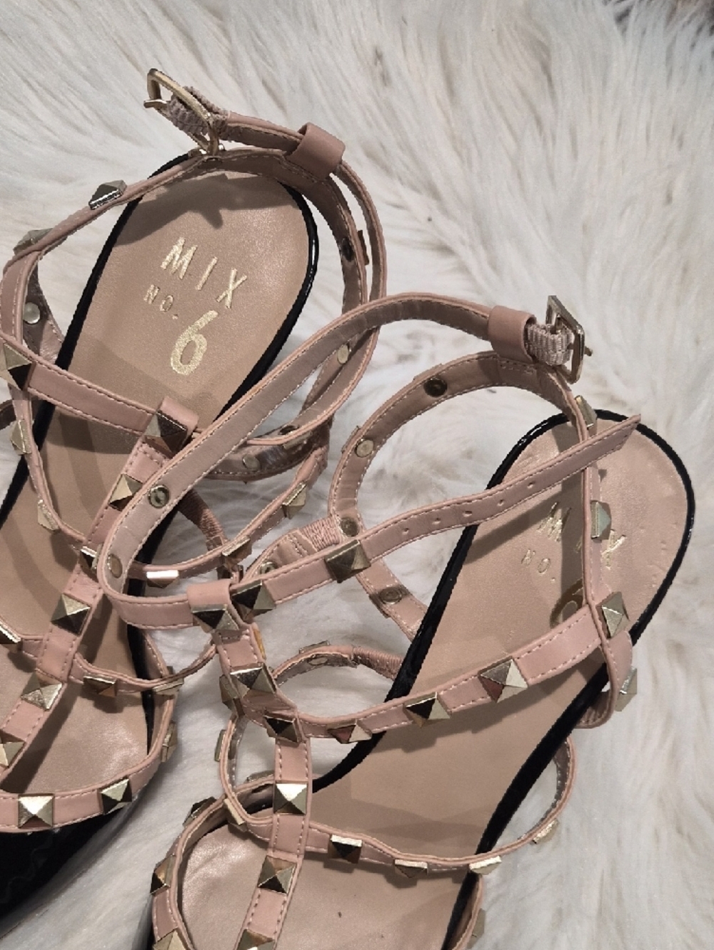 Mix No. 6 Black Patent Pointed-Toe Heels with Nude Studded Straps - Picture 3 of 6
